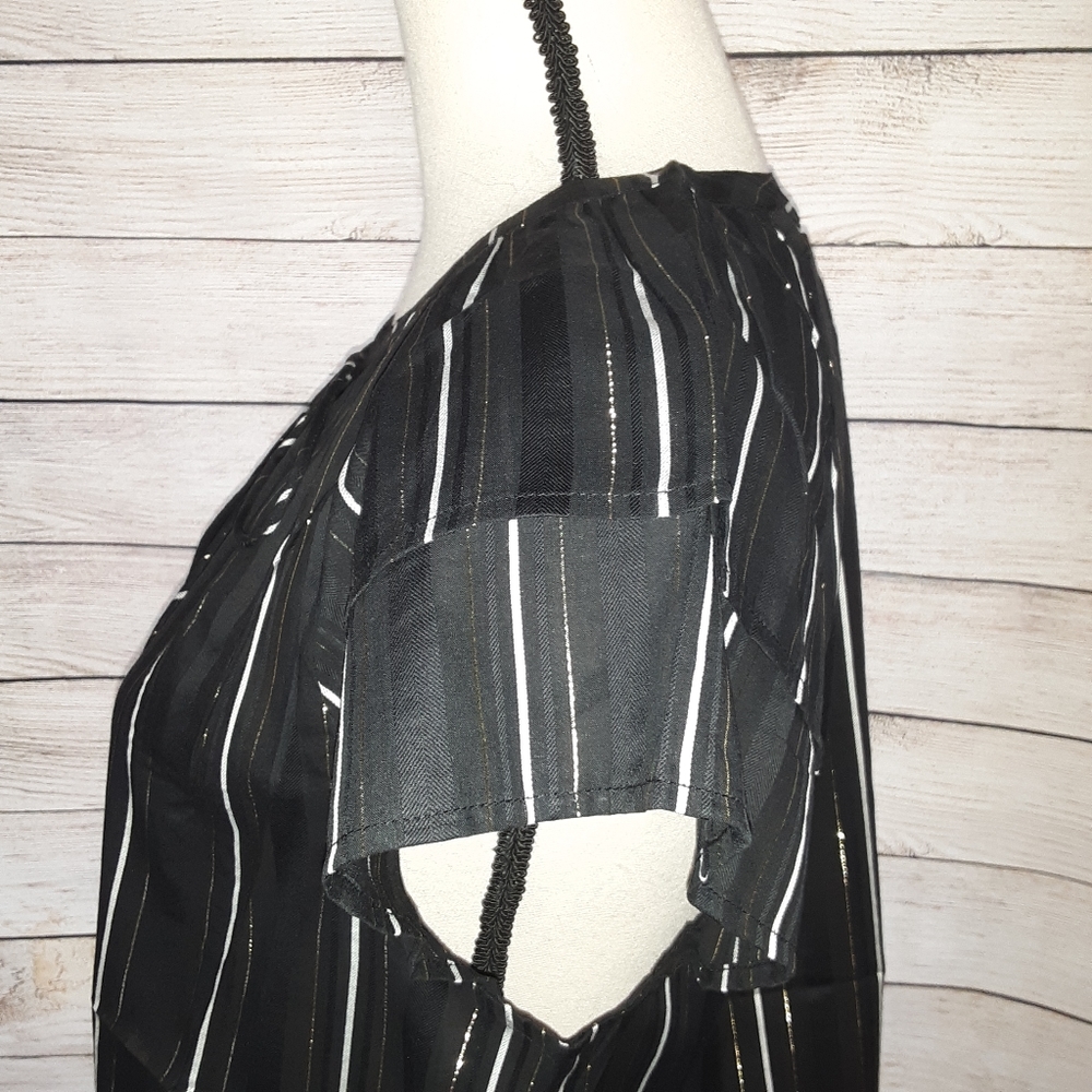Ann Taylor Black Striped Double Flutter Slv Blouse - Picture 3 of 8